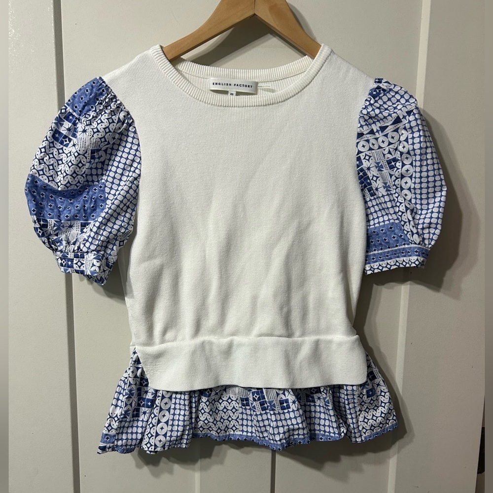 English Factory White Sweater
Shirt with Blue patterned Ruffle Sleeves